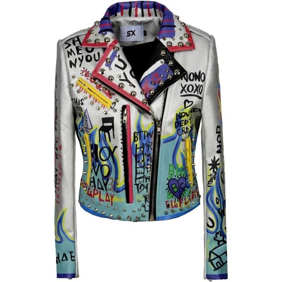 Jackets & Blazers - Women's Punk Floral Embroidered short Faux Leather Jacket Moto PU Coat.